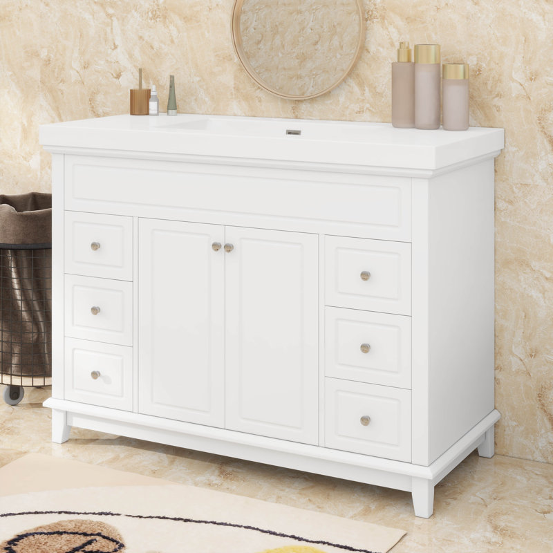 Meuble-lavabo 48 po avec lavabo en résine, 6 tiroirs et portes doubles, tablettes à 2 niveaux
