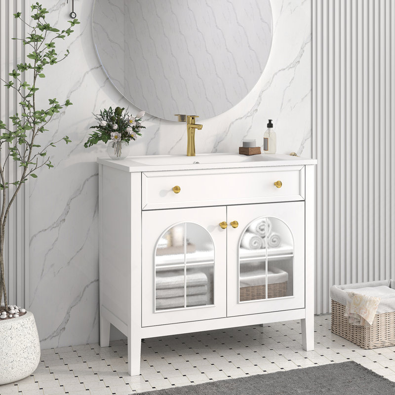 Meuble-lavabo autoportant avec tablette de rangement, Blanc