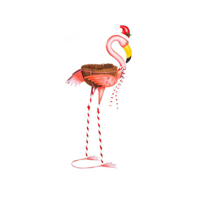 39"H Metal Winter Flamingo Planter W/Santa Hat
