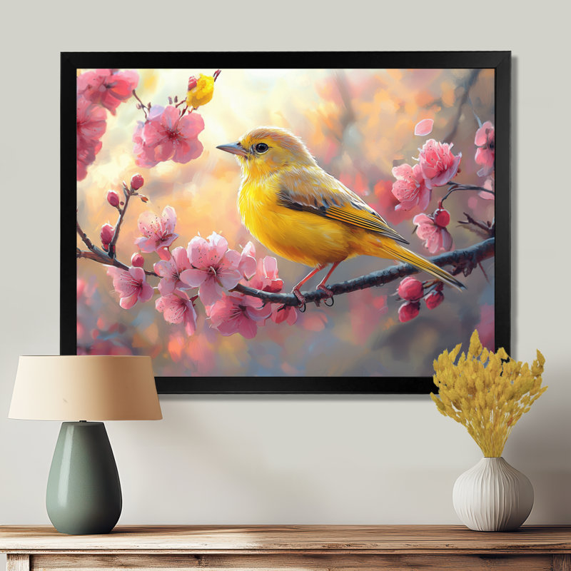 Songbird In Melody Spring Tree III - oiseau, art mural, Cadre simple, Noir, H 12 po x l 20 po