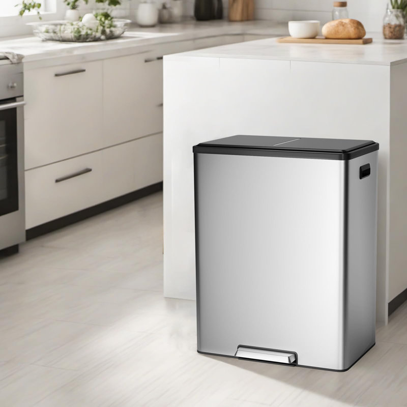 Poubelle de recyclage à double compartiment en acier inoxydable avec couvercle à fermeture douce 16 gallons 16 po et pédale pour la cuisine ， Argent