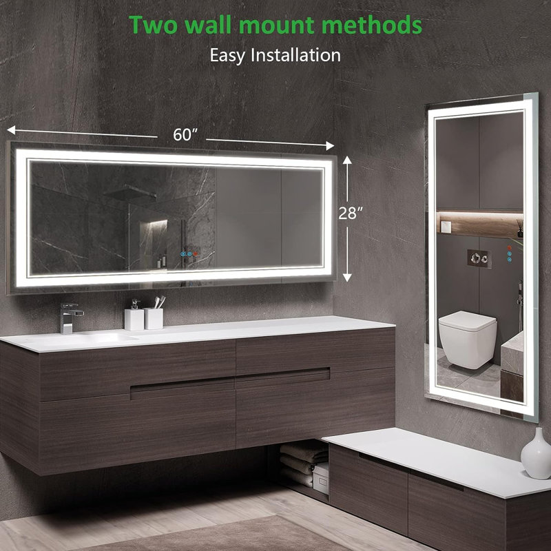 Miroir de salle de bain à DEL anti-buée avec interrupteur tactile réglable à 3 couleurs et fonction mémoire , 60 po x 28 po