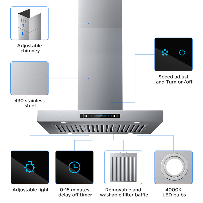 36 po Hotte pour îlot de cuisine 900 pi³ / min en acier inoxydable avec contrôle ACL LCD, 4 vitesses et lumières DEL, 36"