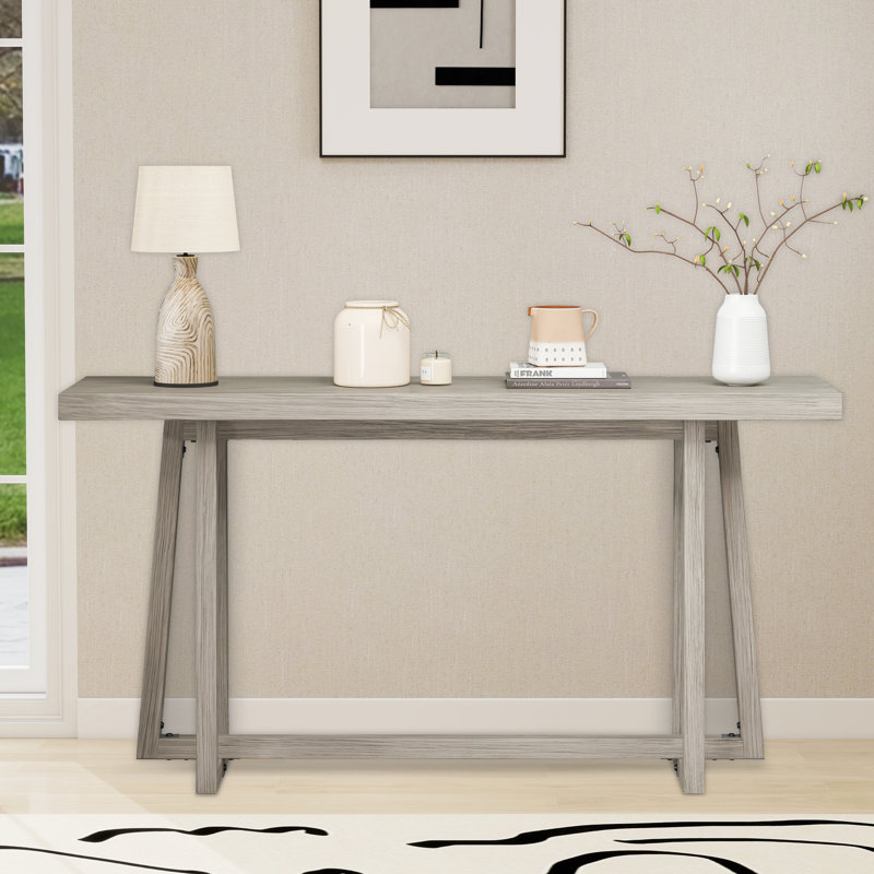 59.82" W Indoor / Outdoor Rectangular Console Table With Magnesium Oxide Countertop And Metal Legs, Gray Wood