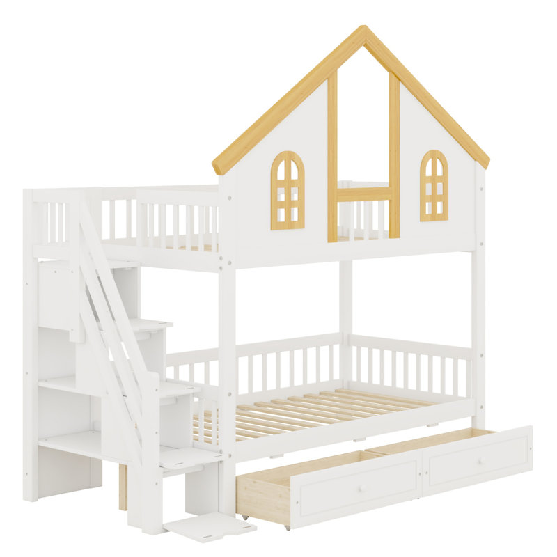 Lit superposé avec fenêtre, escalier de rangement et lit gigogne