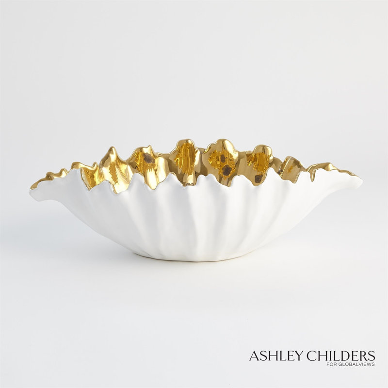 Organic Wave Oval Bowl-White-Lg, 5.75" H x 18.50" W x 10.50" D, White/Gold