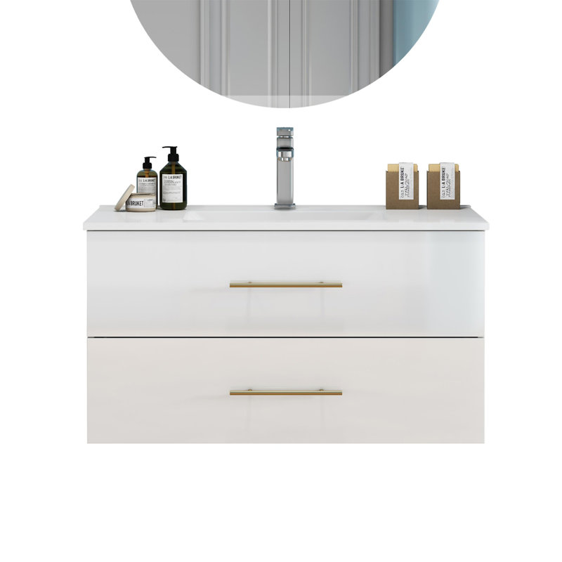 Meuble-lavabo mural blanc brillant 36 po avec lavabo 36 po, Blanc lustré, 39"