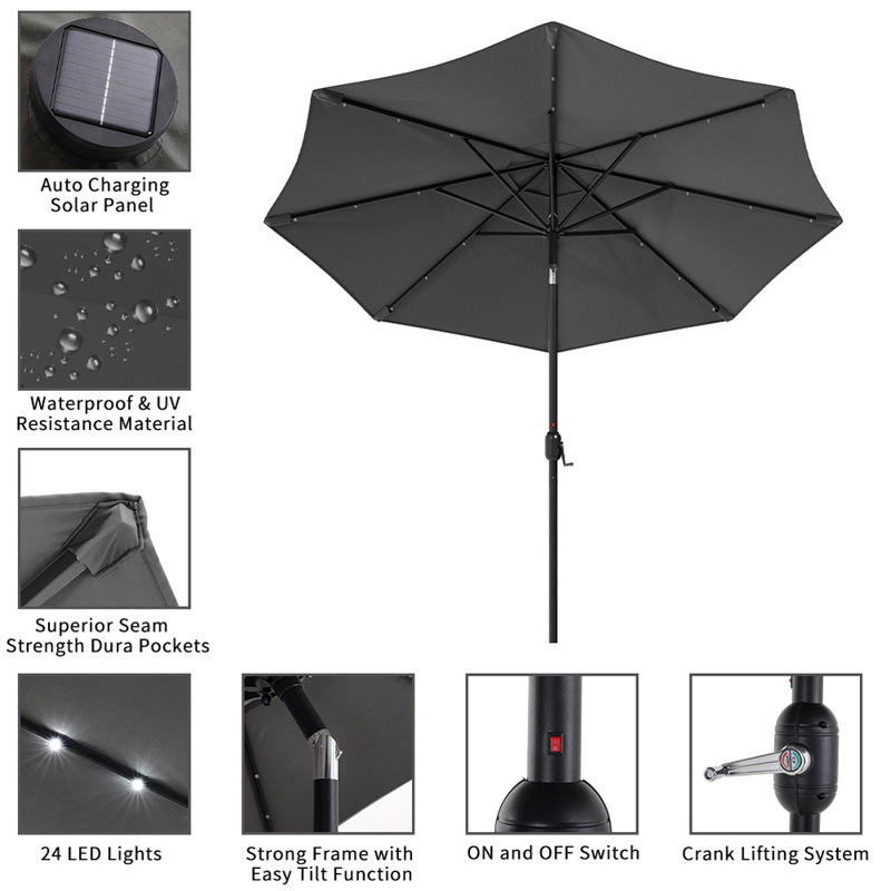 Brailynn Lighted Market Parasol, Dark Grey