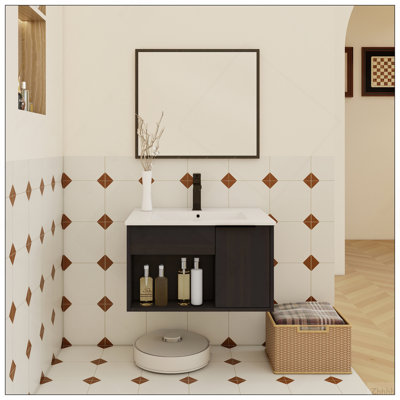 Meuble-lavabo flottant mural 24 po avec lavabo en céramique - Armoire moderne en chêne foncé avec tablette ouverte et porte à fermeture en douceur, conception peu encombrante (robinet et drain non inclus)