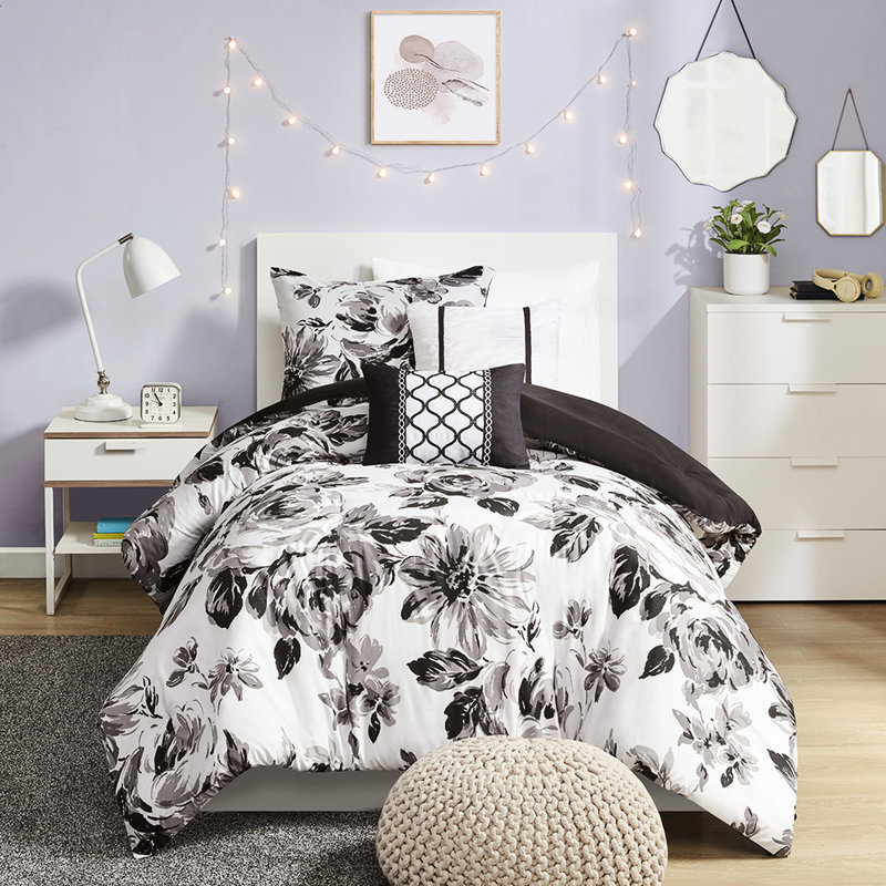Édredon simple / simple TG - Motif floral noir et blanc, oreillers lavables, microfibre douce