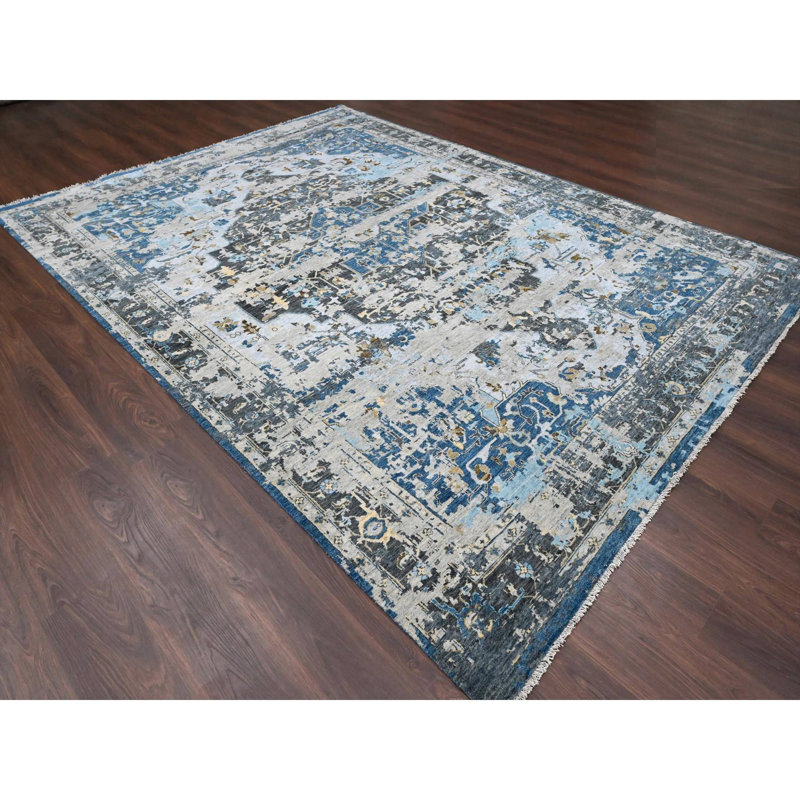 Tapis bleu noué à la main de conception unique 8 pi 10 po x 11 pi 10 po New Age