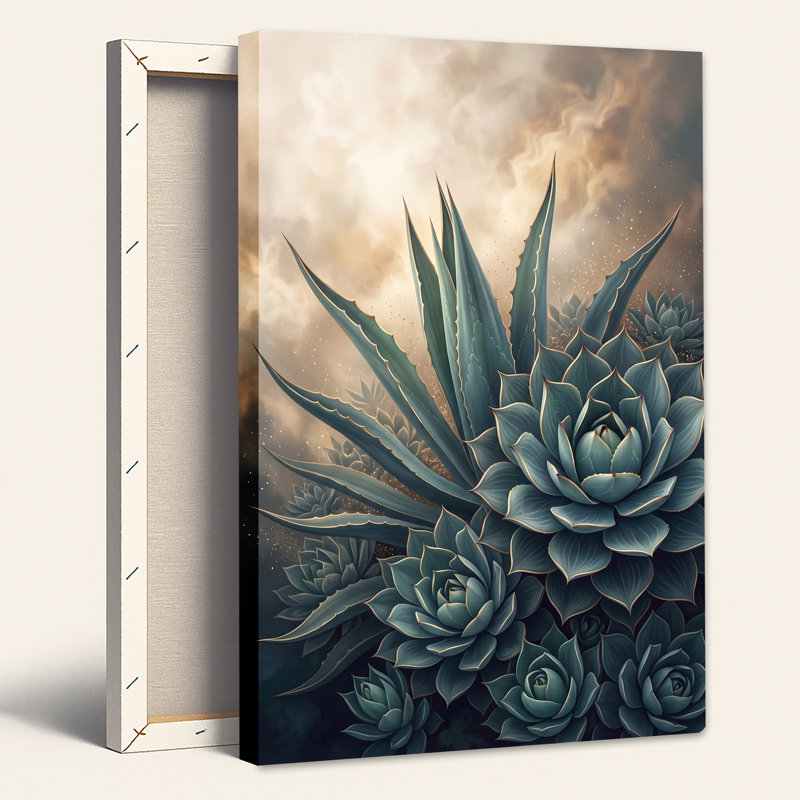 «Blue Succulents and Agave Leaves with Gold Outline», art mural sur toile, H 30 po x l 20 po