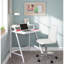 Bureau d'ordinateur blanc doux avec cadre en acier à 2 niveaux et tablette surélevée, style contemporain