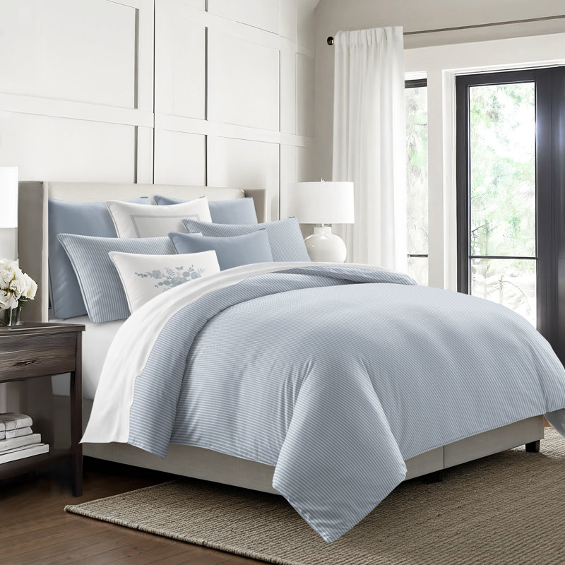 Ruben Stripe Cotton Reversible Coverlet Set, Cornflower, Cal.King Coverlet/Bedspread + 2 King Shams
