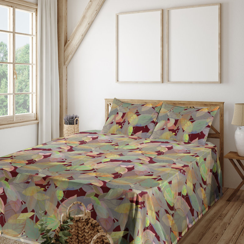 Ambesonne Watercolor Botany Sheet Set 4 Pcs Retro Boho Bloom, California King Sheet Set with 2 Pillowcases