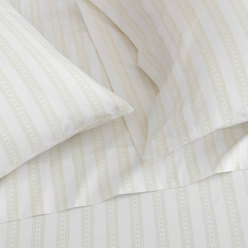 Martha Stewart Cotton Percale  Sheet Set, Queen Sheet Set with 2 Pillowcases, Francesca Stripe Beige
