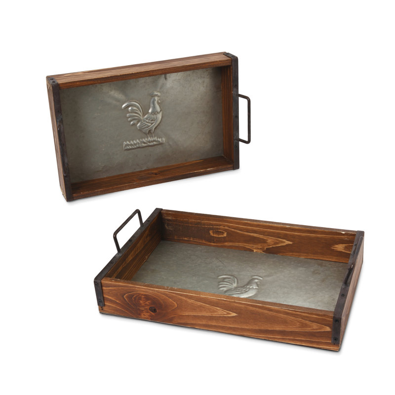Artisanal Heritage: Set of 2 Rustic Wood and Metal Nesting Trays with Embossed Rooster Motif