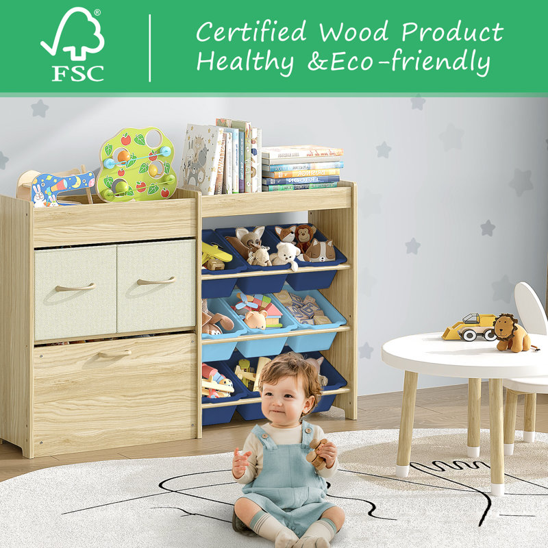 Solid Pine Wood Toy Organizer - Toy Organizers And Storage, Toy Storage With Bins And Drawers, Toy Storage Organizer For Kids Room, Playroom, Nursery