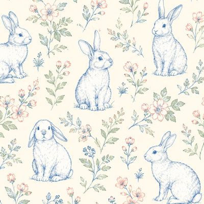 Peel and Stick Wallpaper Blue Hand Drawn Rabbit Floral Contact Paper Removable Self Adhesive Wall Mural Wall Decor for Bedroom Kitchen Cabinets 24in x 118in