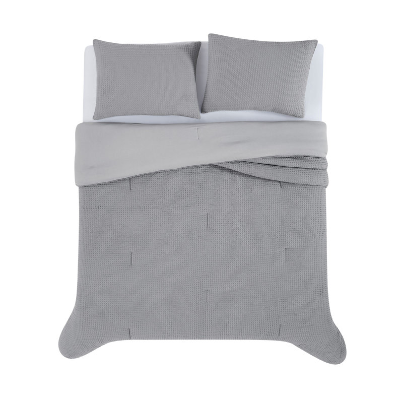Textured Waffle Weave Comforter Set, Queen Comforter +2 Standard Shams, Gray