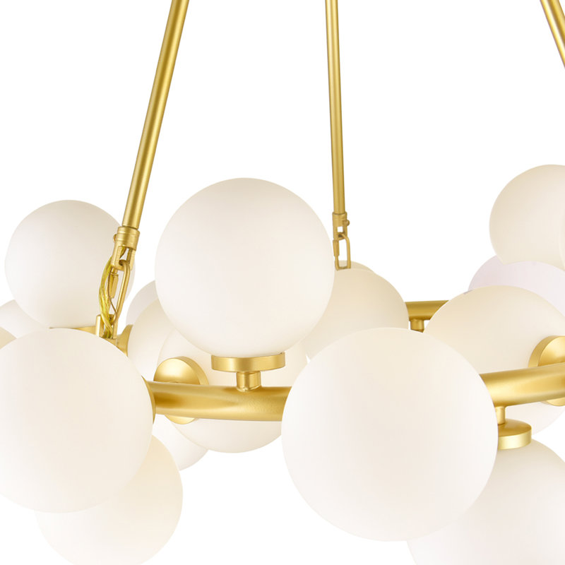 26" Satin Gold Chandelier for Dining Room, Bedroom – 25-Light Celestial Design with G9 Bulb Base – LED Compatible, Frosted Glass Globes – BACL Certified