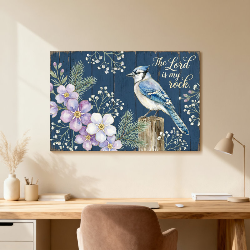 Blue Jay Flowers Wood Background Scripture, Wrapped Canvas, Does Not Apply, 20" H x 30" W