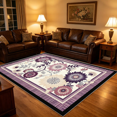 Tapis lilas mauve à motif floral pour le salon, doux et confortable, convient à toutes les saisons, facile à entretenir, tapis de sol intérieur lavable à la machine, sous la table de ferme convenant à la chambre à coucher, à la salle à manger, au bureau, au patio, au balcon, à la maison