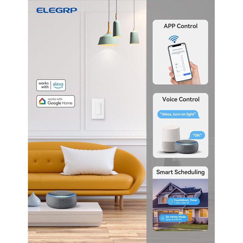 Gradateur de lumière intelligent ELEGRP unipolaire, gradateur tactile Wi-Fi 2,4 Ghz compatible avec Alexa et l'assistant Google, fil neutre requis, aucun concentrateur requis, homologué UL et FCC, blanc 1 PC