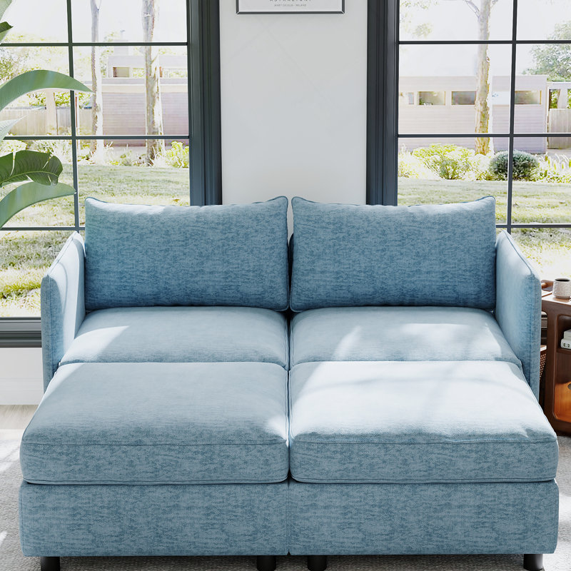 Causeuse-causeuse, canapé-lit de style Mid-Century moderne avec rangement, Tissu bleu antique