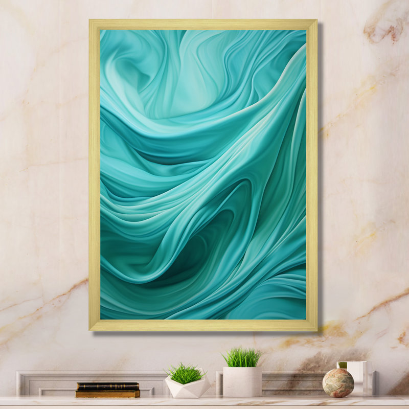 Turquoise, gauchissement des vagues I - art mural abstrait sur toile, Encadrement doré, H 32 po x l 16 po
