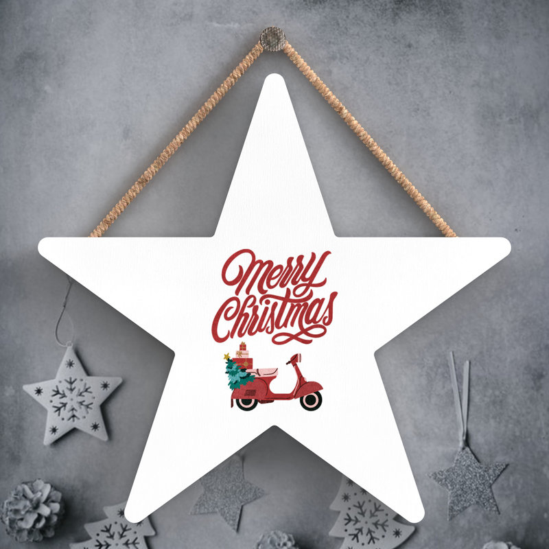 Xmas Merry Christmas Scooter Wooden Star Plaque