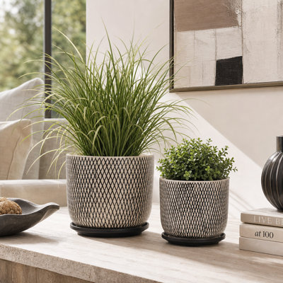 Decorative Round Planters With Saucer For Home Decor - Stylish Outdoor Or Indoor Flower Pots For Patio Or Living Room Decor - Set Of 2, 6", 8", Black