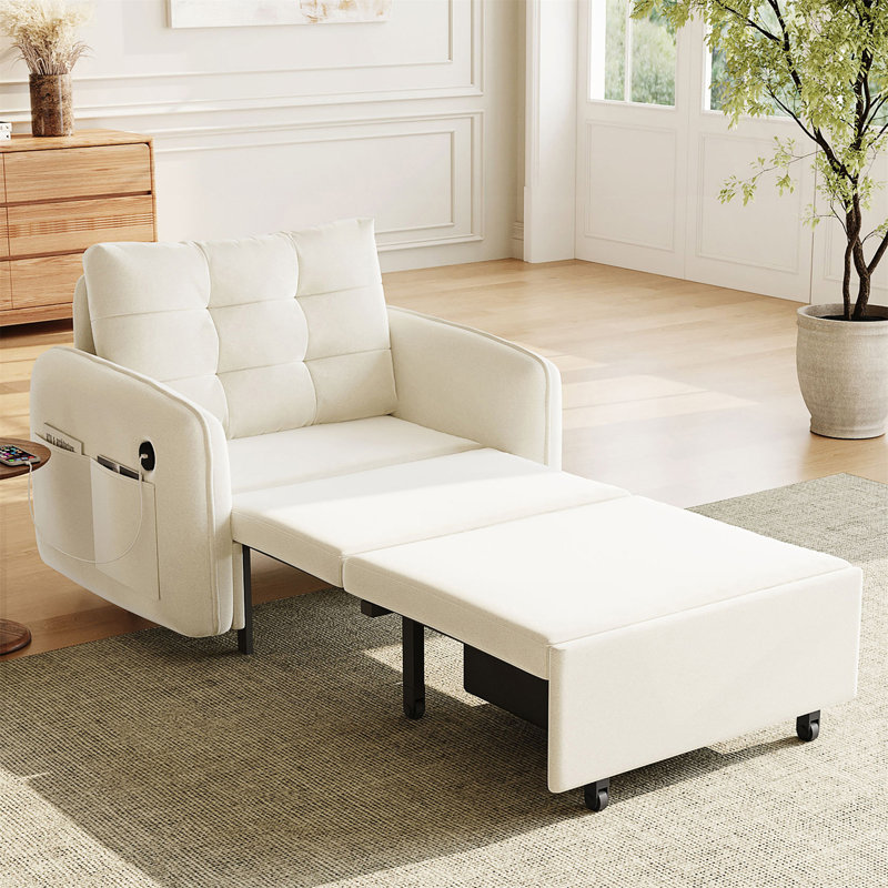 Canapé-lit 3 en 1, méridienne escamotable extra longue de 80 po avec charge USB, poches et boîte de rangement, conception capitonnée, canapé-lit simple en chenille multifonctionnel pour le salon et l’appartement