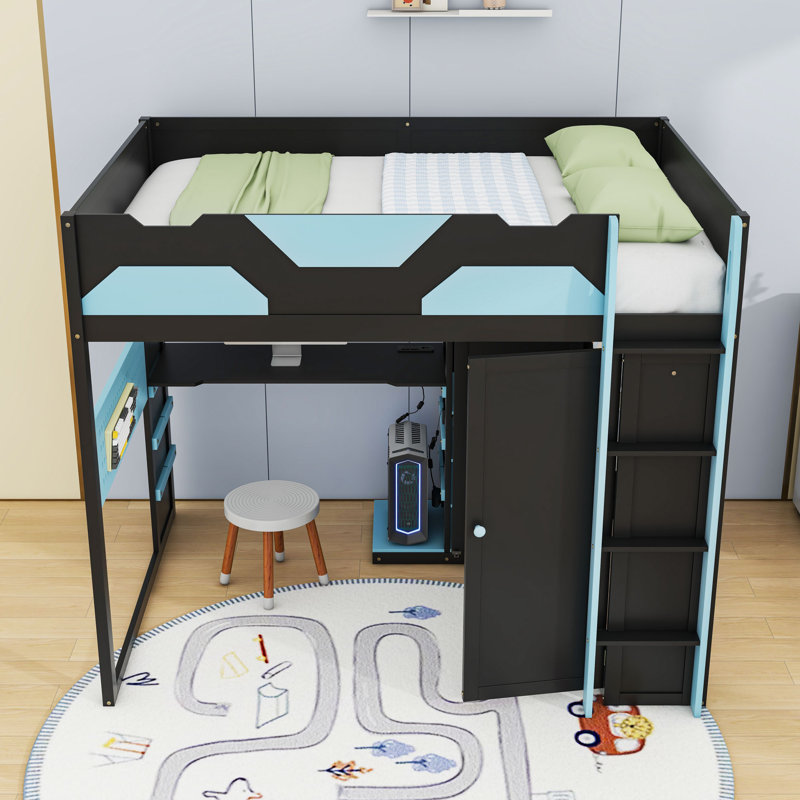 Full Wood Loft Bed With Adjustable Desk, Wardrobe, Charging Station And RGB LED Lighting, Cloud Blue