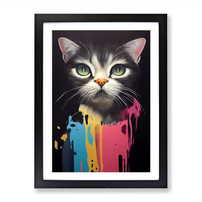 Cat Drips No.2 - Single Picture Frame Print, 46cm H x 34cm W x 2cm D, Black