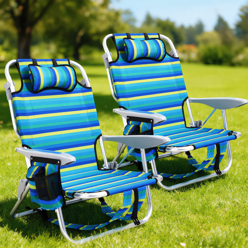 Two-Pack Adult Outdoor Beach Chairs Fold Flat And Portable Equipped With Cup Holder Towel Rack Zipper Pocket Ocean Striped