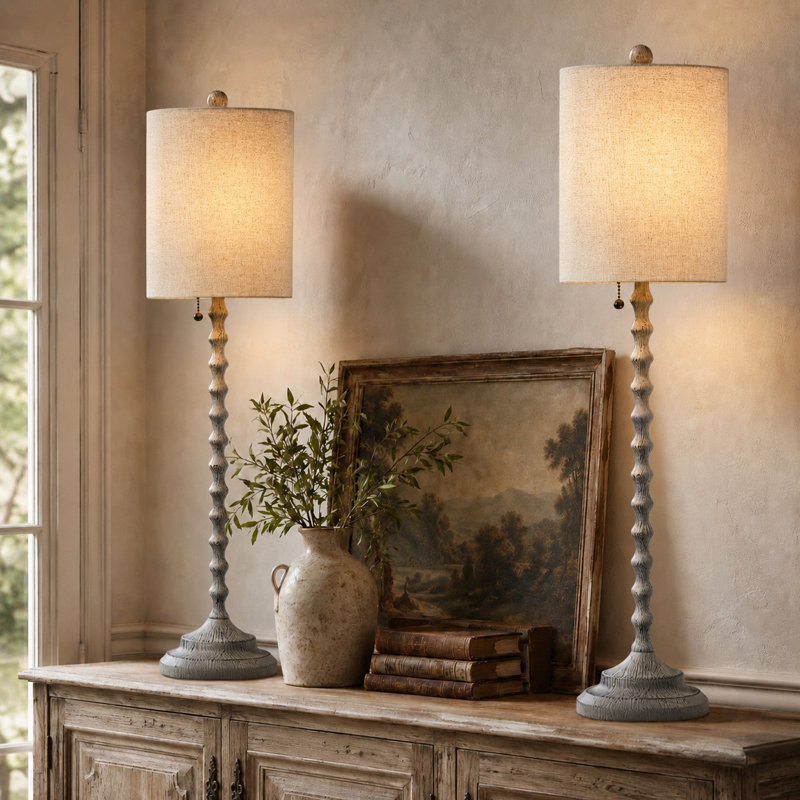 Ensemble de 2 lampes de table 30 po gris style campagne vieilli avec abat-jour cylindrique en lin