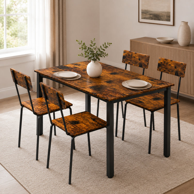 Ensemble de table de salle à manger moderne cinq pièces fabriqué en bois et en métal pour quatre convives et livré avec des chaises en noyer foncé