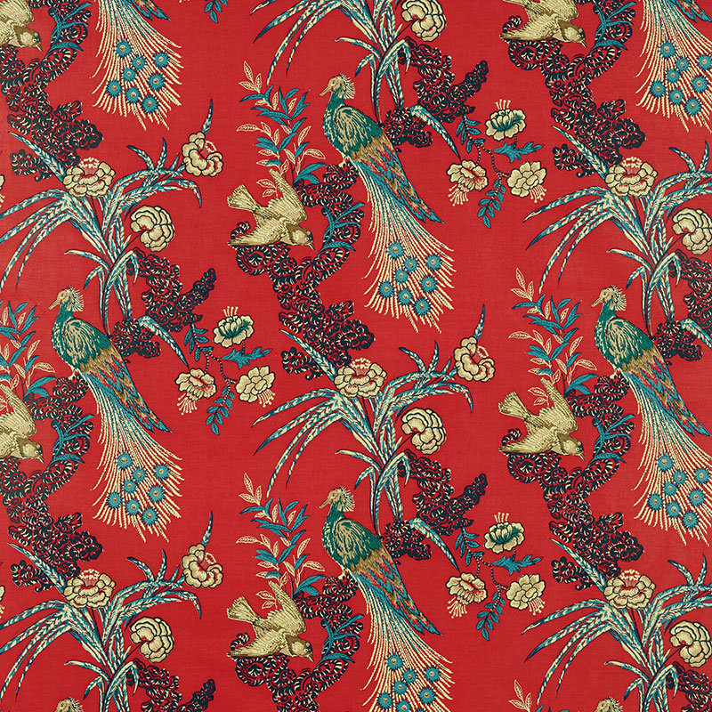 Schumacher x Miles Redd Peacock Fabric, Red