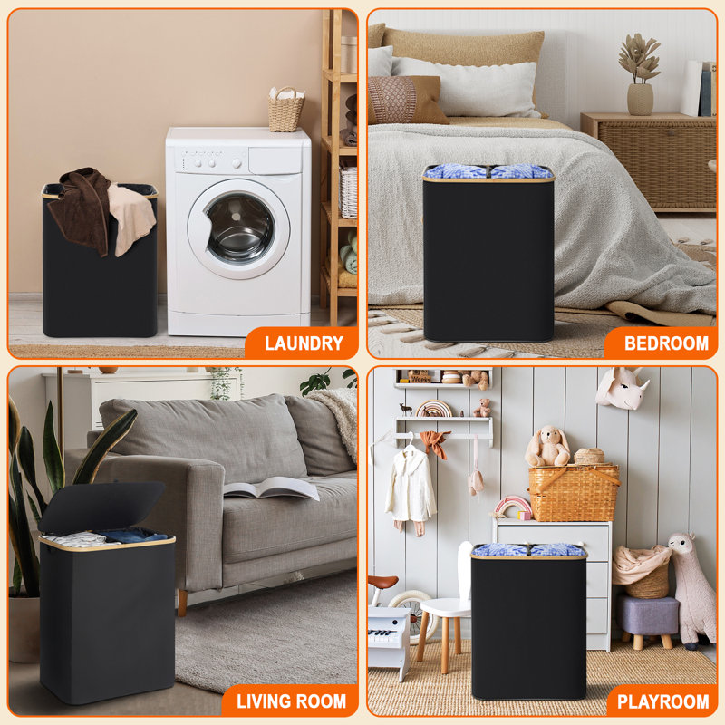 Double panier à linge avec couvercle, grand panier à linge 150L avec poignées en bambou, 2 sacs doublure amovibles