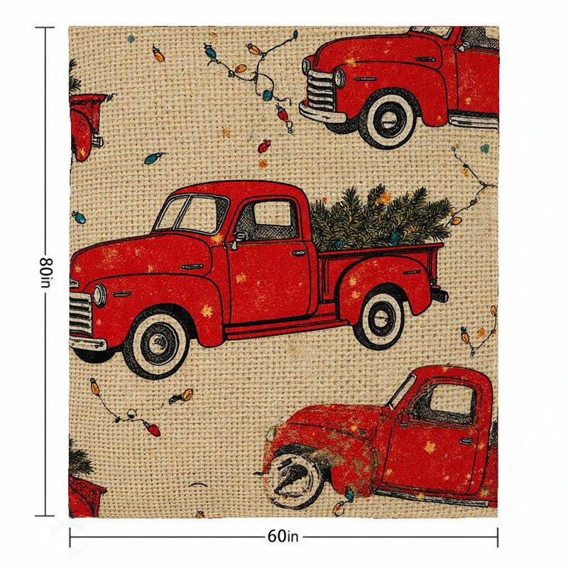 1pc vintage rouge camionnettes de Noël flanelle couverture douce décor de Noël festif, rétro, confortable pour canapé / lit / voyage 60 * 80