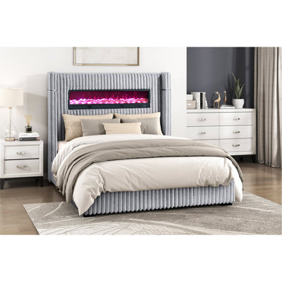 Luxury Queen Bed Wingback Headboard Decorative Built-In Fireplace Speaker Gray Corduroy Upholstered 1Pc