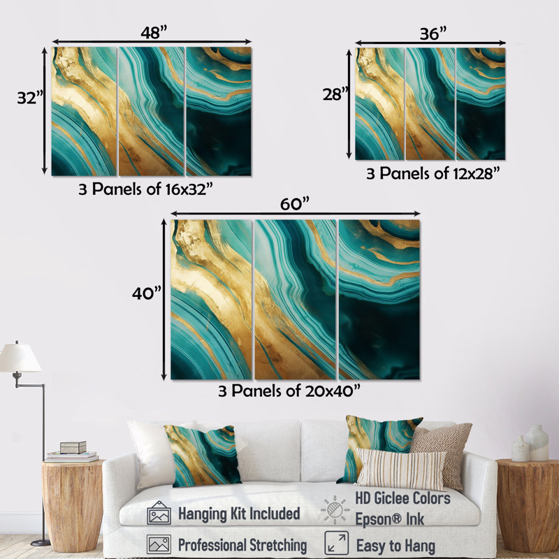 Jayceon - ensemble d'impression d'art mural en marbre, Toile tendue, H 40 po x l 60 po x P 1 po