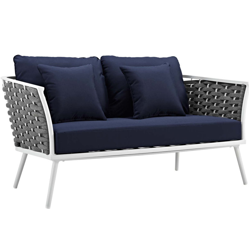Stance Outdoor Patio Contemporary Modern Woven Rope Loveseat, Navy, White