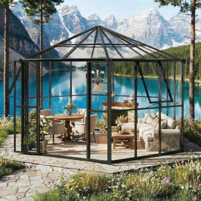 Walk-in Greenhouse, 12x10x8 FT Heavy Duty Polycarbonate Hexagon Garden House Large Aluminum Frame Greenhouse with Lockable Doors, Adjustable Vents, Sunroom for Backyard, Sunshine Board Black