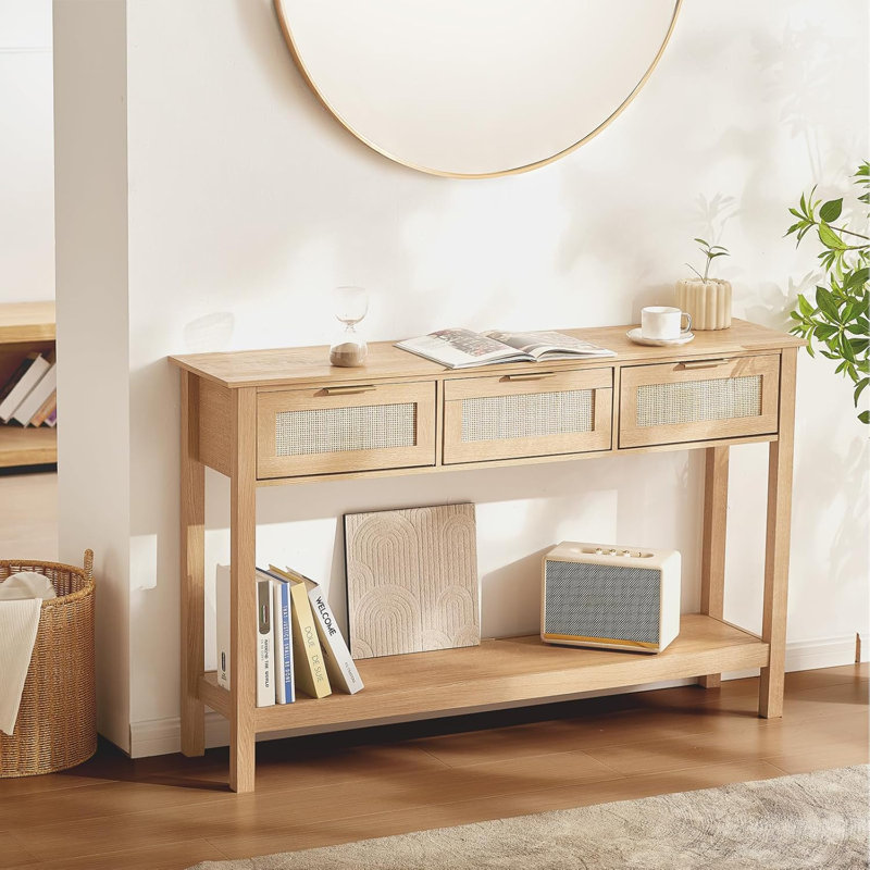 Bay Isle Home™ Rattan Console Table with 3 Storage Drawers Rattan Sliding Door, Natural Wood