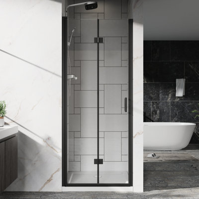 Heavy - Duty Zinc Alloy Handle 30"x 72" Pivot Glass Shower Door, Adjustable Width, 180° System, Water Leakage Prevention Hinges 30 31.2" Width 1/4 Inch (6mm) Tempered Glass, Black Finish, Rotatable