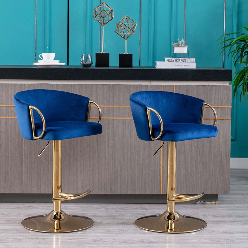 Adjustable Velvet Bar Stools with Chrome Footrest and Swivel Base, Blue