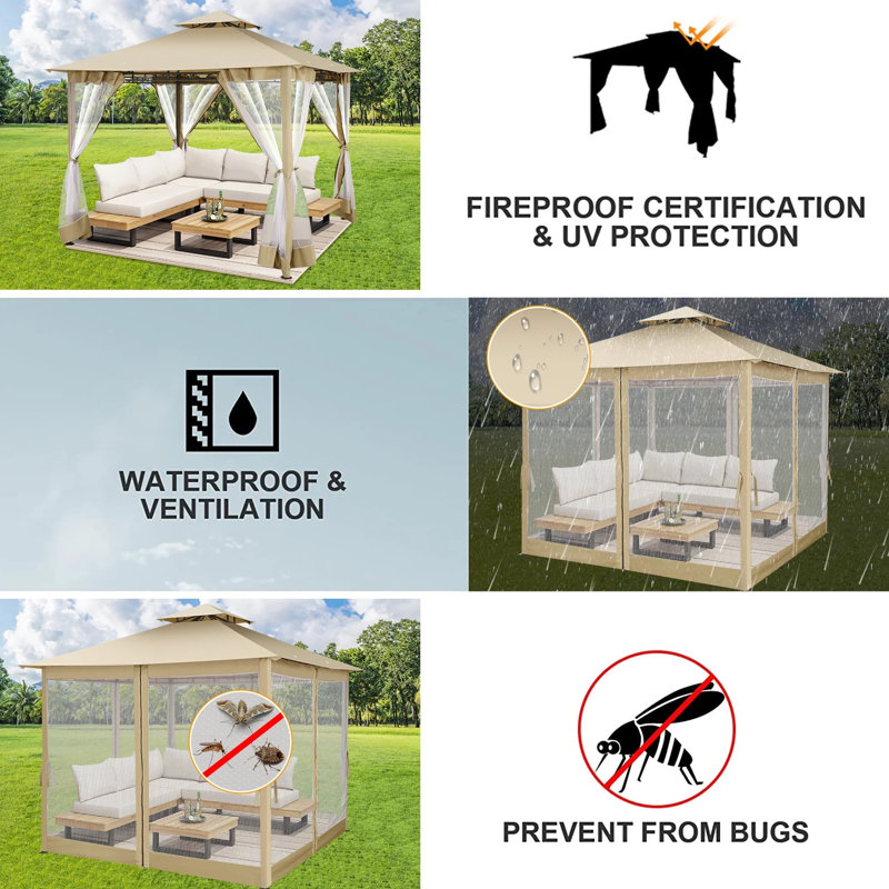 10'x10' Outdoor Gazebo Canopy, Canopy Tent with Sidewalls, Khaki