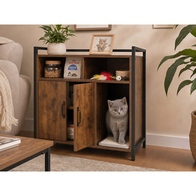 Enceinte de litière rustique en bois brun rustique, spacieuse litière cachée pour chat avec tapis à griffer pour chambre à coucher, salle de bain, salon - 31,9 po x 17,7 po x 31,4 po, 61 lb